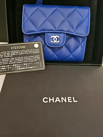 Authentic Chanel Blue Quilted Small Wallet with Box and Card