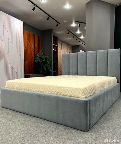 Gray Upholstered King Size Platform Bed with Tall Padded Headboard