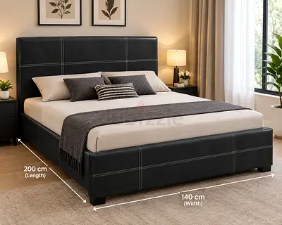 Queen size faux leather bed frame with upholstered headboard - black