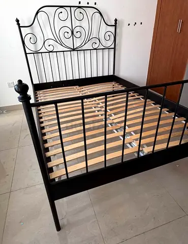 Black Metal Double Bed Frame with Decorative Headboard