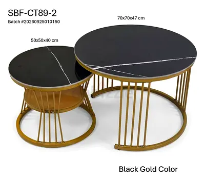 Set of 2 Black & Gold Nested Coffee Tables - Marble Top Effect, Modern