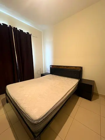 Queen size bed frame with mattress and 2 bedside tables, charging ports - good condition