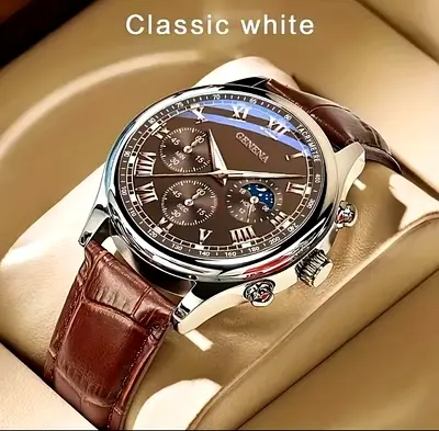Geneva Classic Men's Leather Strap Chronograph Watch - Brown Dial