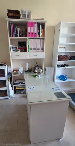 White Wooden Office Desk with Bookshelf and Drawers - excellent Condition