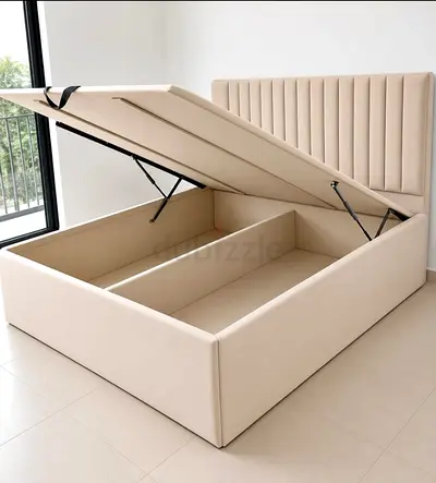 Beige Ottoman Storage Bed with Padded Headboard - Queen Size
