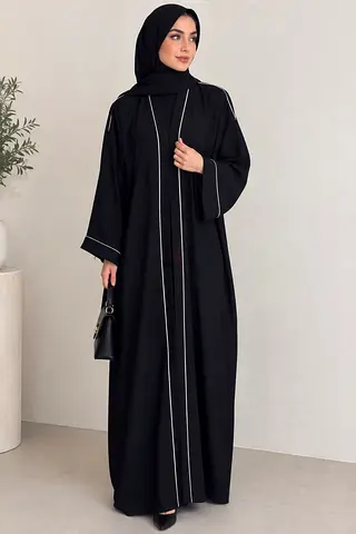 Black Abaya with White Piping - Modest Long Sleeve Abaya