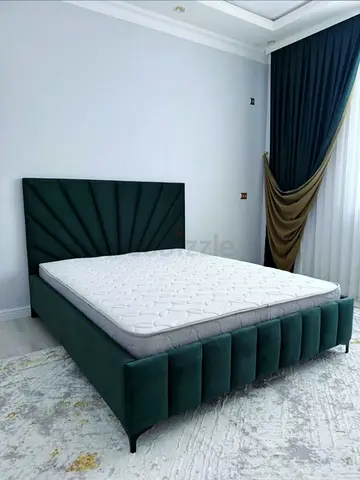 Green Velvet Double Bed with Headboard