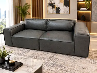 Timothy Oulton Modern Dark Grey Genuine Leather 3-Seater Sofa — Comfortable & Sturdy