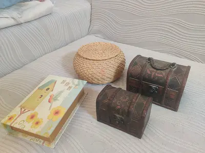Set of Decorative Vintage Wooden Treasure Chests and Woven Trinket Basket