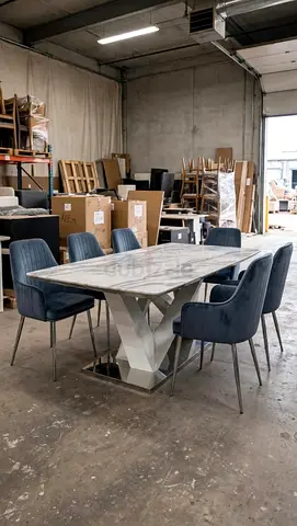Modern Marble-Top Dining Table with 6 Upholstered Chairs
