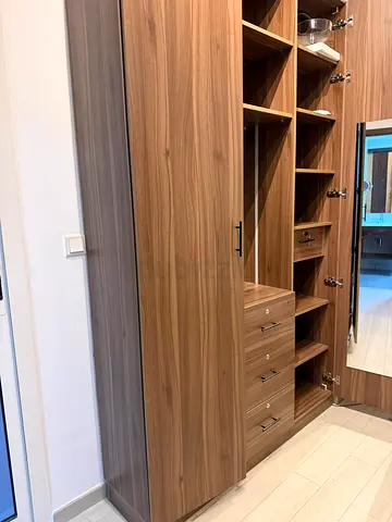 Large wooden built-in wardrobe with mirror and multiple drawers Depth 40
Width 150
Height 250