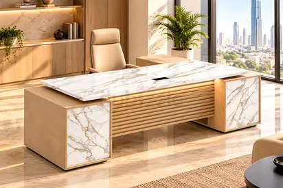 Marble L-Shaped CEO Desk with Fixed Side Table in Dubai