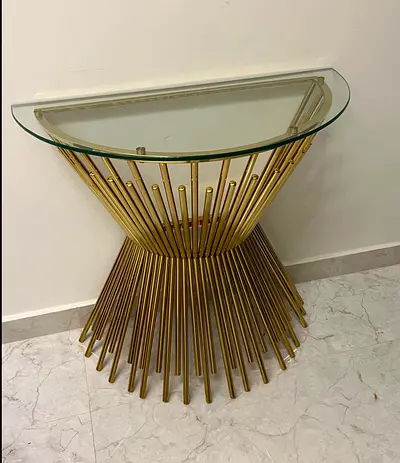 Gold Metal Half-Moon Console Table with Glass Top