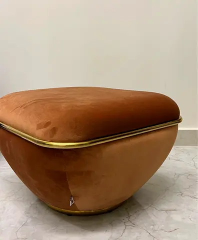 Brown Velvet Ottoman Pouf with Brass Trim