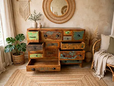 Vintage reclaimed wood multi-drawer sideboard / console with distressed paint