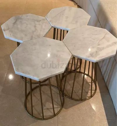 Set of 4 Octagonal Marble Top Side Tables with Metal Bases