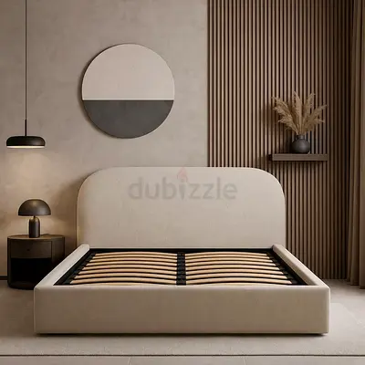 Beige Upholstered Double Bed Frame with Curved Headboard