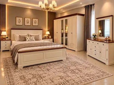 Solid wood 5-piece bedroom set with wardrobe, dresser and bed (cream finish)