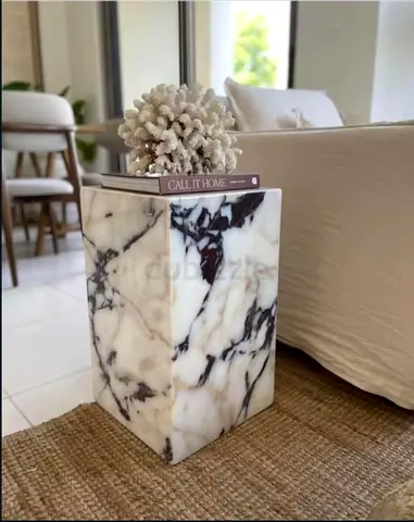 Solid Marble Side Table / Pedestal - White with Black Veins