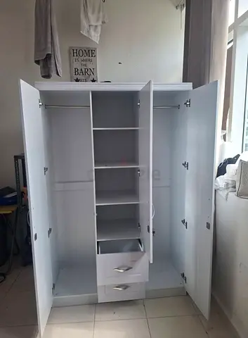 White 3-Door Wardrobe with Shelves and Drawers