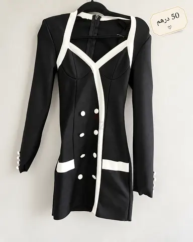 Black long-sleeve mini dress with white trim and button detail - size X small