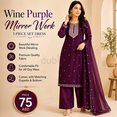 Wine Purple 3-Piece Women's Suit with Mirror Work
