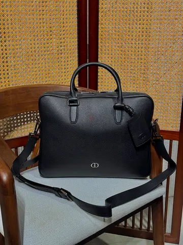 Black leather briefcase with shoulder strap - classic design