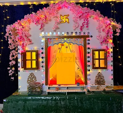 Decorative Pooja Mandap / Home Temple Backdrop with Lights and Floral Decor