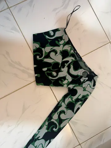 One-shoulder green camo print crop top, size S
