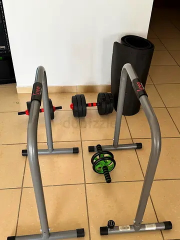 Home workout set — dip bars, adjustable dumbbells, ab wheel and mat