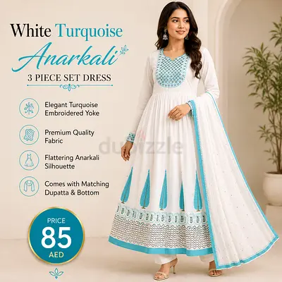 White & Turquoise Embroidered Anarkali 3-Piece Set
