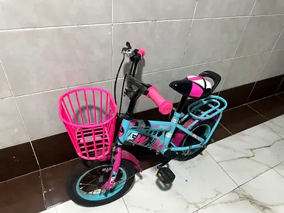 Kids' pink & blue 12-inch bicycle with basket — used, good condition, has training wheels for child