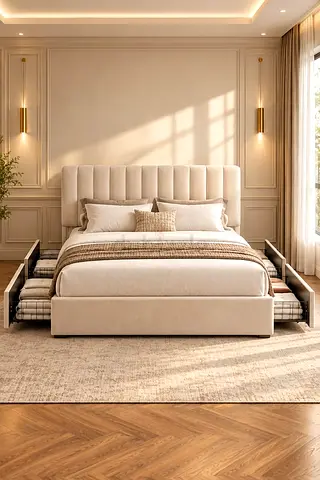 Upholstered Storage Bed with Pull-Out Drawers - Beige, King Size