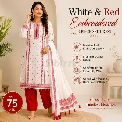 White & Red Embroidered 3-Piece Women’s Salwar Kameez Set