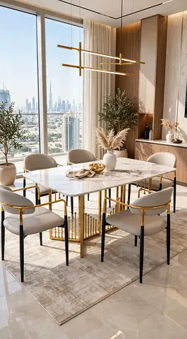 Marble Top Dining Table with Gold Base and 6 Chairs - Modern Set