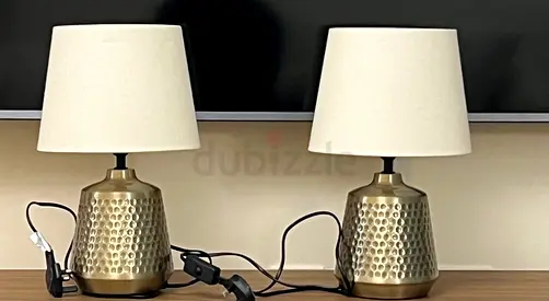 Pair of Brass Table Lamps with Beige Shades — Good Condition