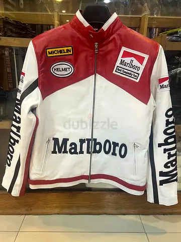Marlboro Real Leather Red and White Jacket Men's Motorcycle Racer Jacket