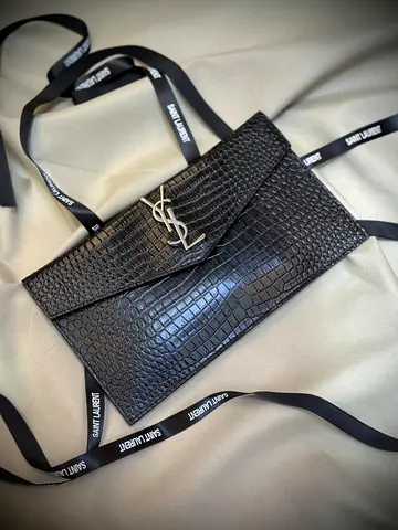 Saint Laurent Black Croc-Embossed Leather Envelope Bag