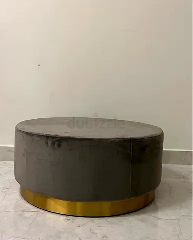 Round Grey Velvet Ottoman Coffee Table with Gold Base
