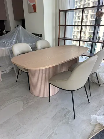 Oval wooden dining table with 4 modern upholstered chairs - like new