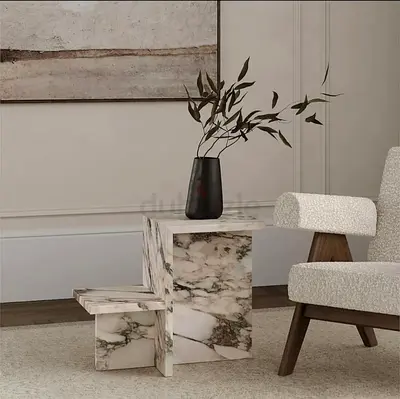 Marble-look Accent Side Table — Modern Geometric Design