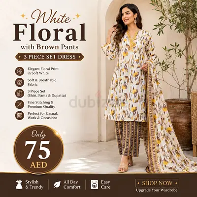 White Floral 3-Piece Women's Set (Shirt, Pants & Dupatta)