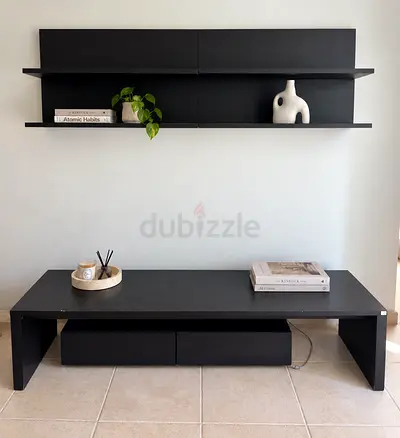 Minimal Black Entertainment Center with Wall Shelves - Modern Low TV Unit