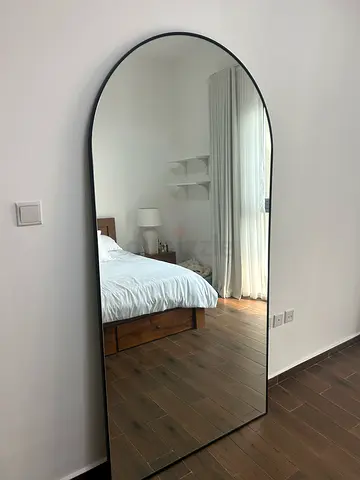 Large Arched Full-Length Wall Mirror with Black Frame.