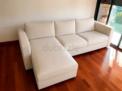 Beige L-shaped 3-seater Sofa with Chaise - Good Condition vimle
