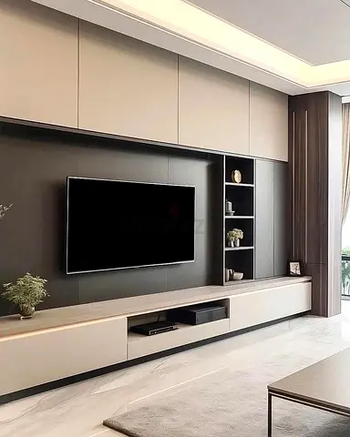 Modern built-in entertainment TV unit with storage cabinets