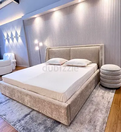 Modern upholstered king bed frame with headboard - light grey