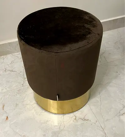 Brown Velvet Round Ottoman Stool with Brass Base