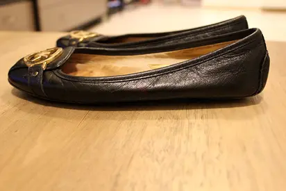 Original MK Black leather women's ballet flats with gold logo detail - size available