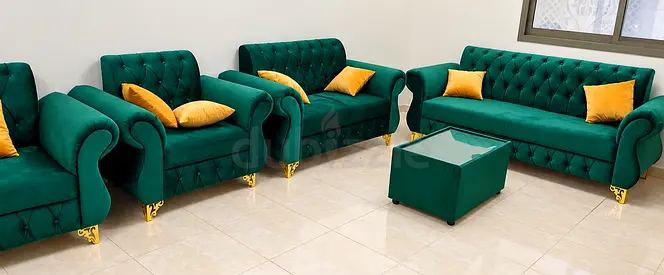 We are selling brand new 7 seater sofa sofa green color with yelllow pillows and table you can get